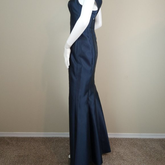 Alfred Sung Off The Shoulder Dress Women's Size 0 Midnight Blue Satin Maxi D751 - Picture 5 of 9